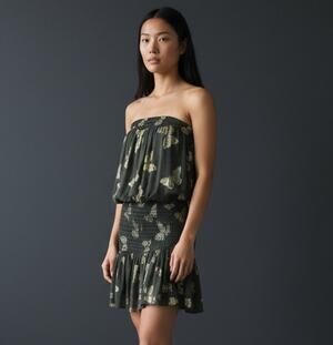Muche et Muchette Strapless Smocked Mini Dress OS Olive Metallic Butterfly